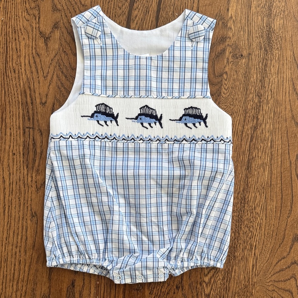 Stitchy Fish Blue Plaid Swordfish Embroidered Smocked Romper